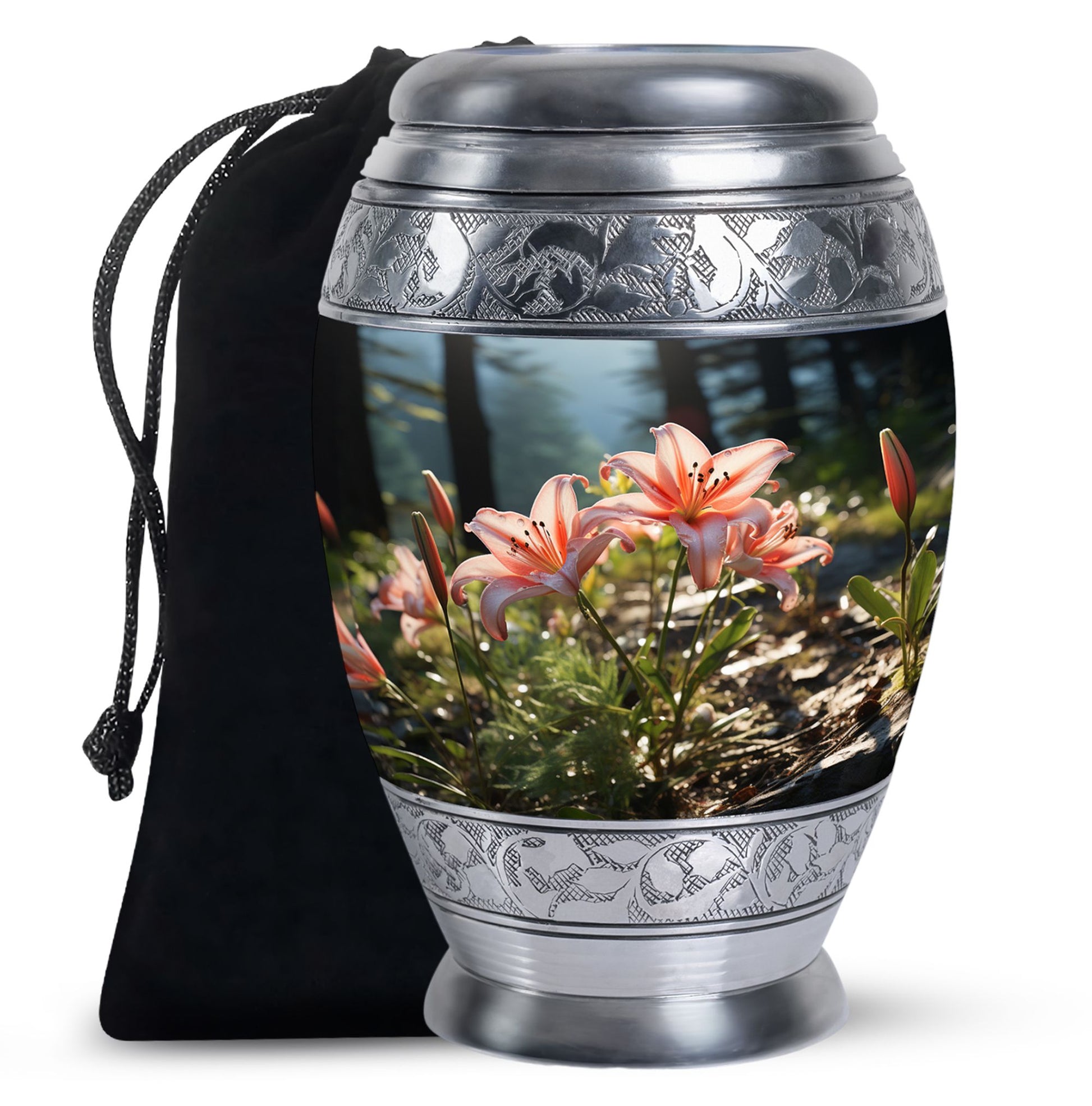 Pink Lily Aluminium Urn For Ashes - Large Floral Memorial Urn
