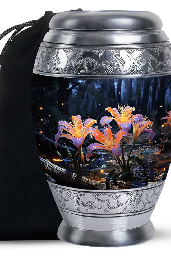 Beautiful Lily Theme Funeral Urn - Aluminum Memorial Urn For Adult Ashes