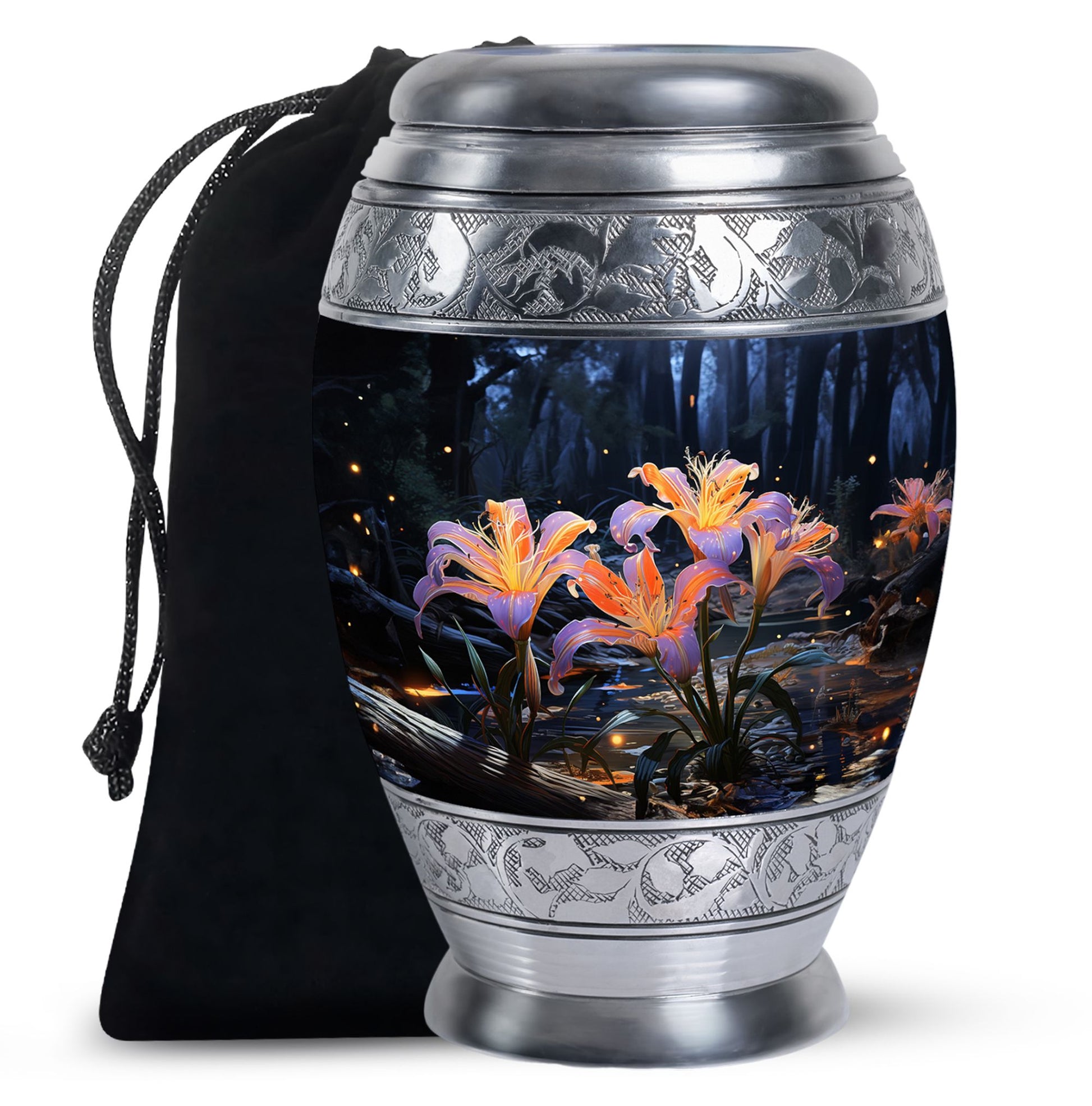 Beautiful Lily Theme Funeral Urn - Aluminum Memorial Urn For Adult Ashes