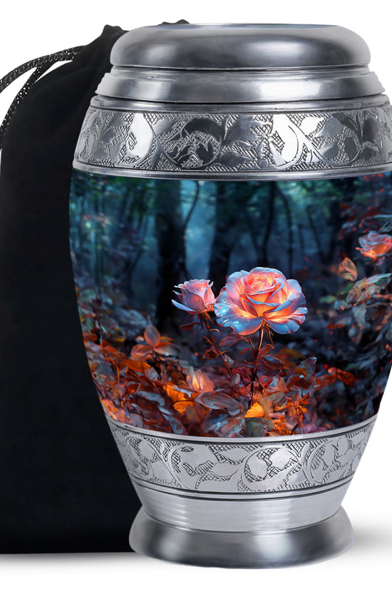 White Rose Theme Funeral Urn - Aluminium Memorial Urn For Loved Ones