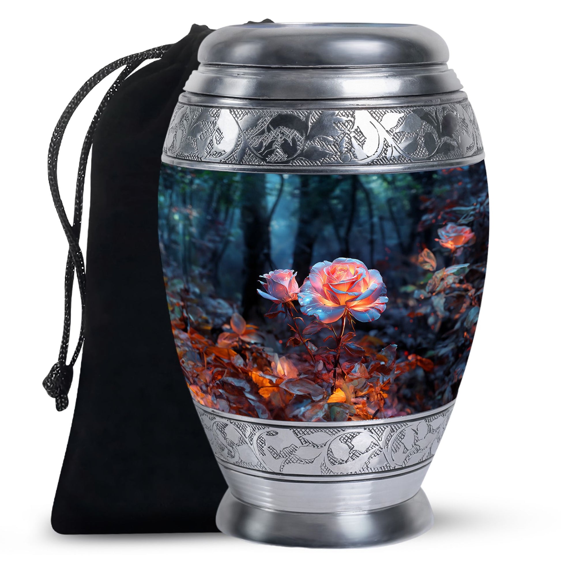 White Rose Theme Funeral Urn - Aluminium Memorial Urn For Loved Ones