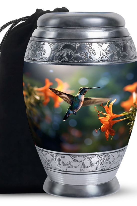 Floral Hummingbird Memorial Urn - Aluminium Cremation Urn For Adult Ashes