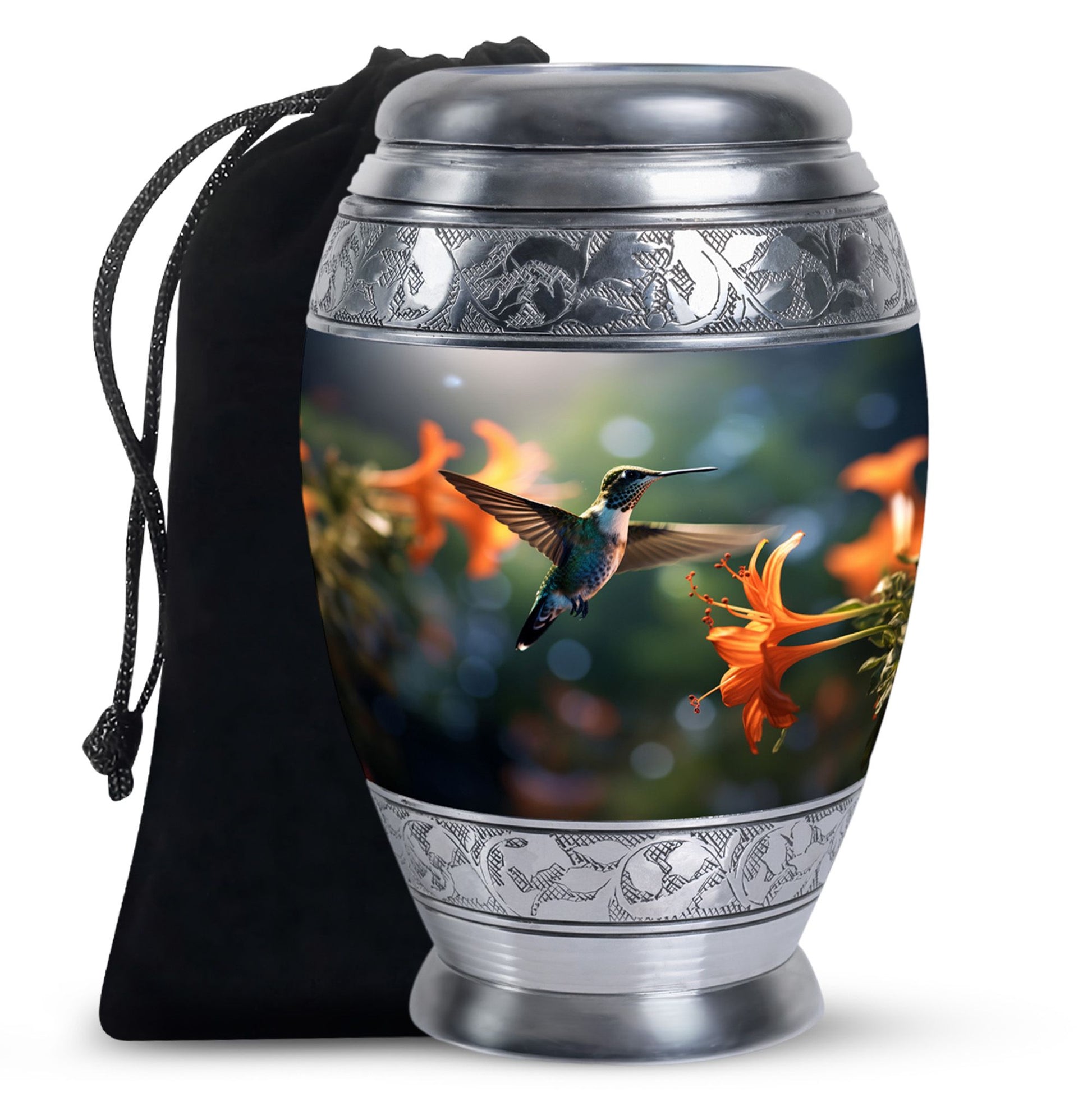 Floral Hummingbird Memorial Urn - Aluminium Cremation Urn For Adult Ashes