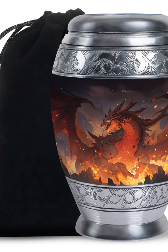 Mystic Fire Dragon Funeral Urn For Ashes - Red And Gold Burial Urn