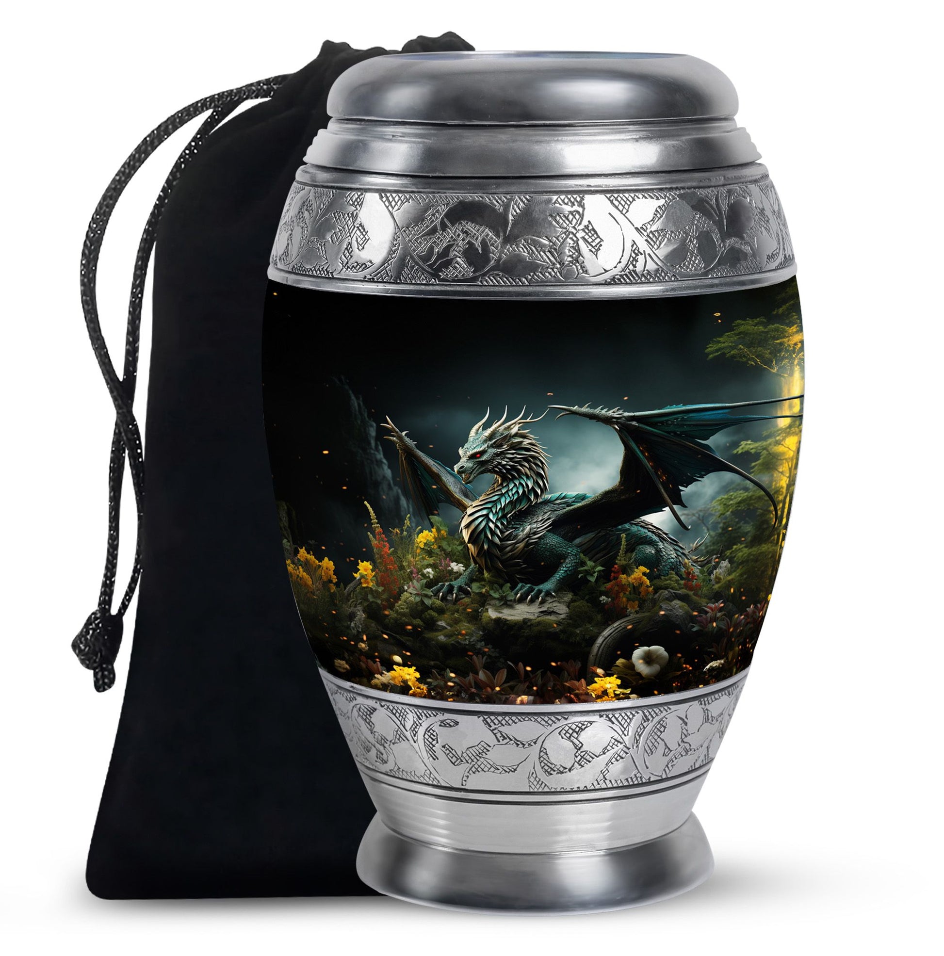 Black Dragon Theme Funeral Urn - Black Aluminium Cremation Urn For Loved Ones