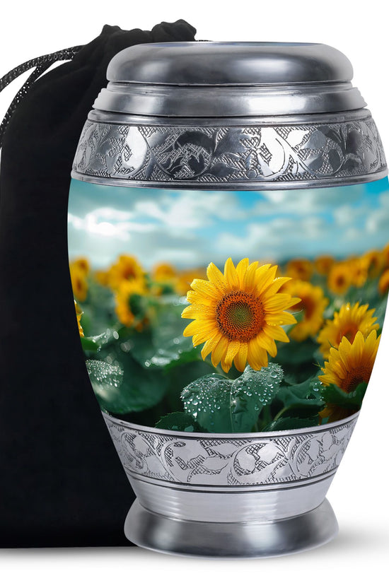 Sunflower Garden Funeral Urn - Blue Aluminum Urn For Adult Ashes