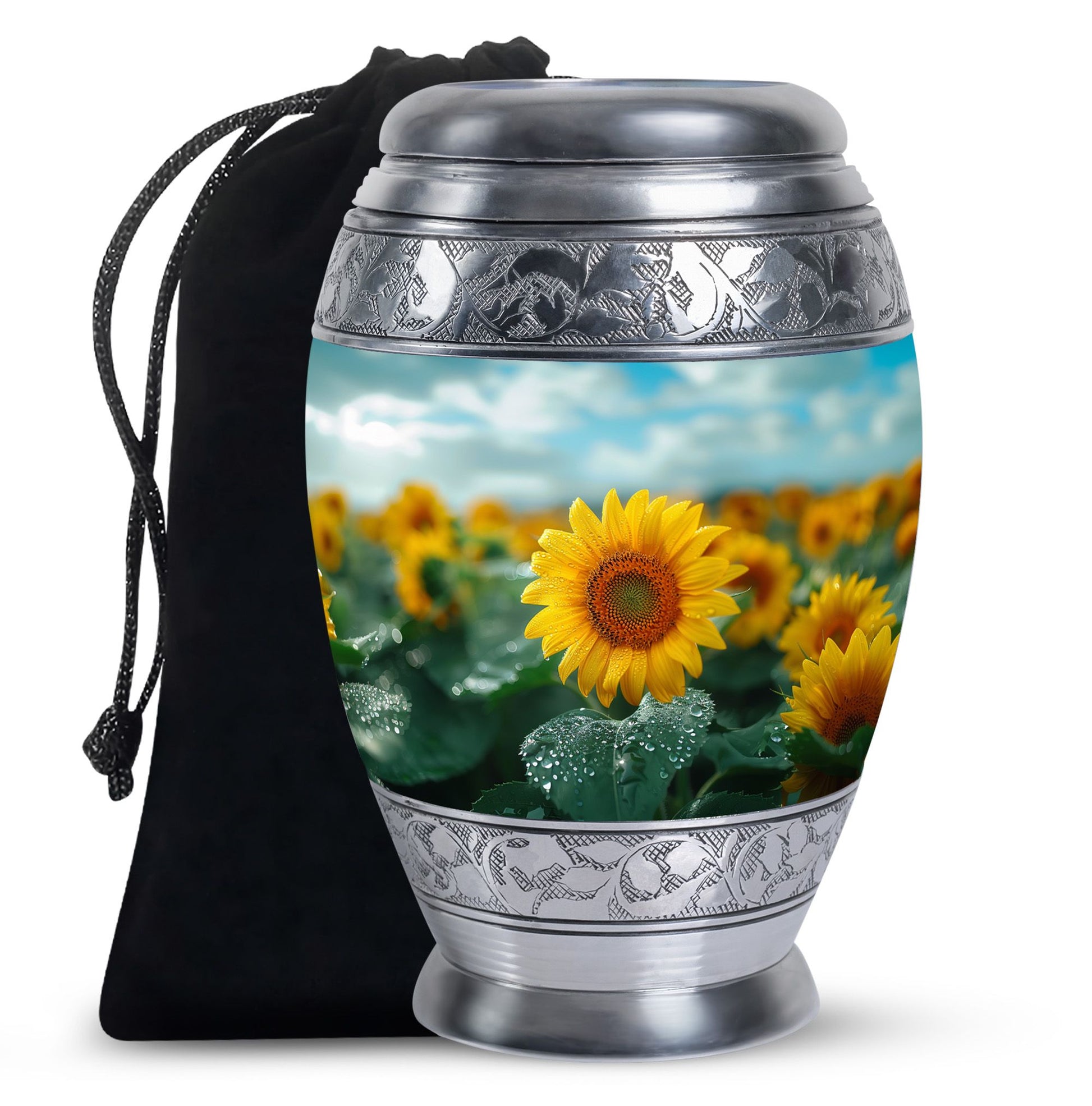 Sunflower Garden Funeral Urn - Blue Aluminum Urn For Adult Ashes