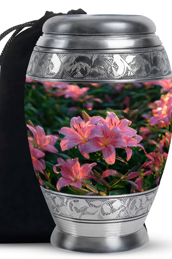 Pink Lily Cremation Urn - Elegant Floral Memorial Urn For Adult Ashes