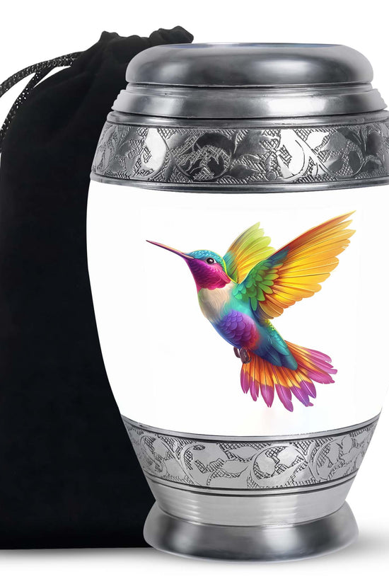 Colourful Hummingbird Cremation Urn - White Aluminium Funeral Urn For Adult Ashes