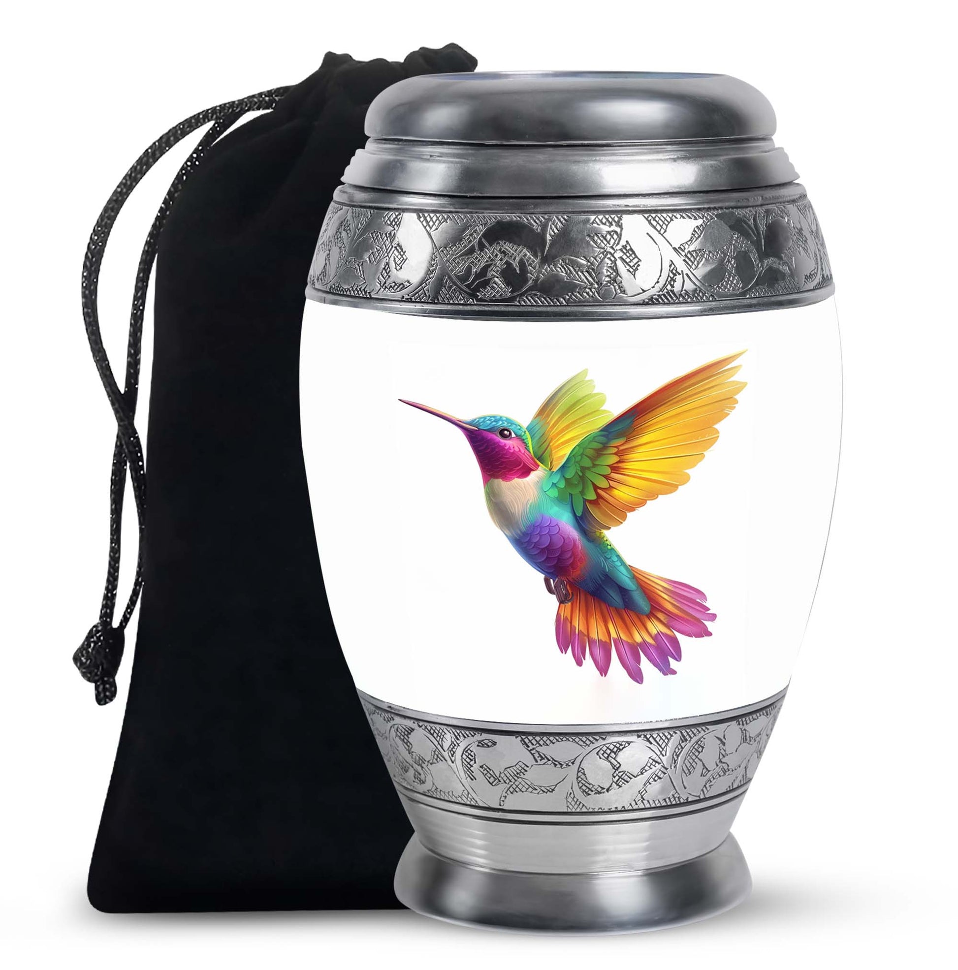 Colourful Hummingbird Cremation Urn - White Aluminium Funeral Urn For Adult Ashes