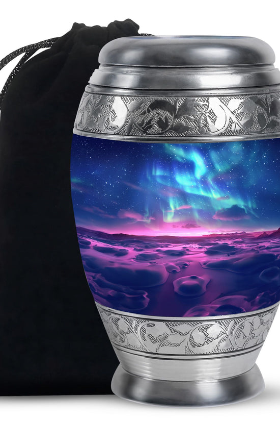 Northern Lights Funeral Urn - Purple Landscape Cremation Urn For Loved Ones