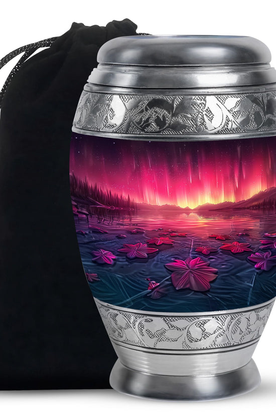 Pink Aurora Borealis Memorial Urn - Floral Lake Cremation Urn For Ashes