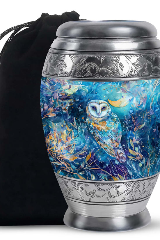 Blue Nature Memorial Owl Urn - Unique Aluminium Funeral Urn For Human Ashes