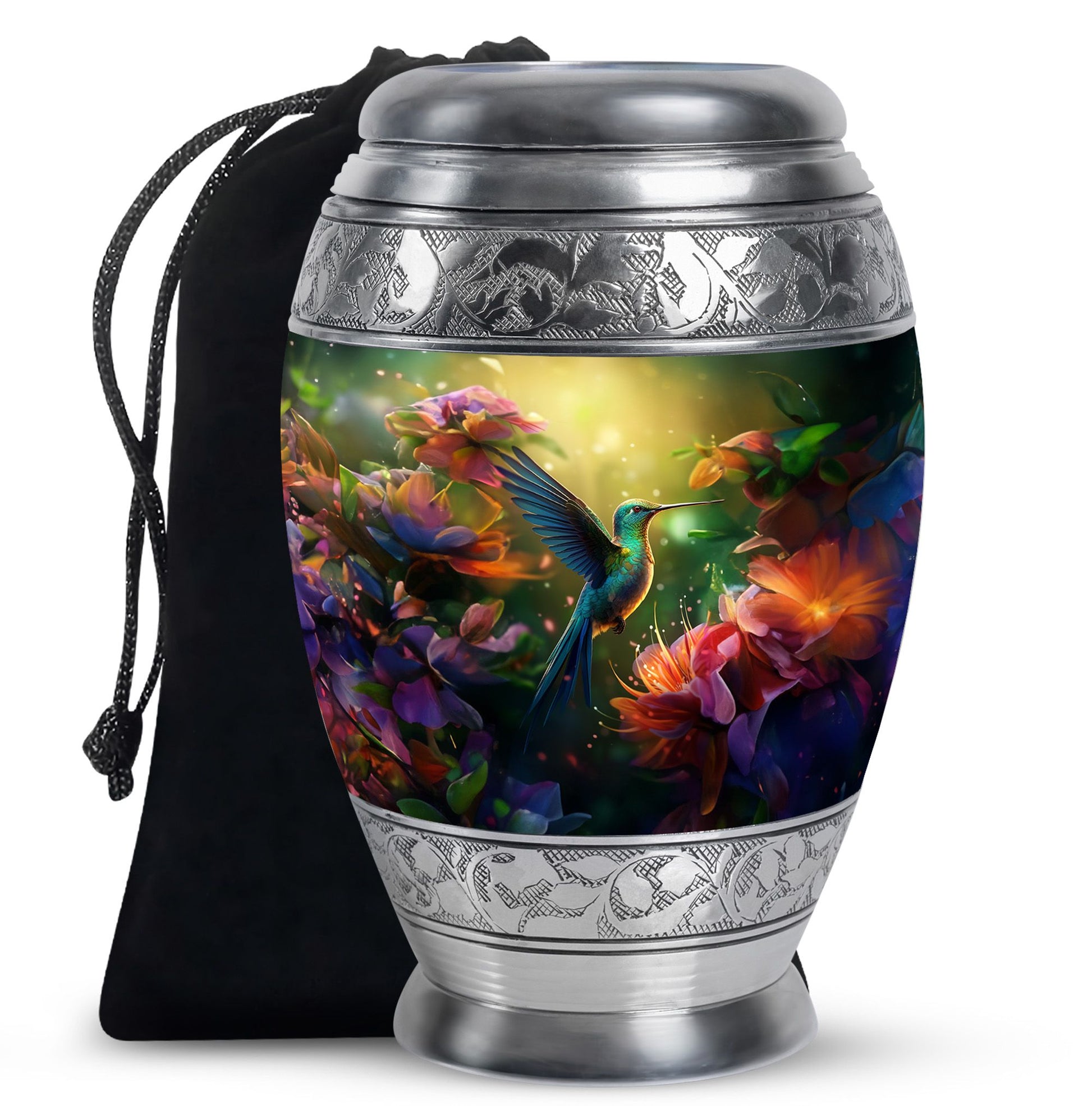 Artistic Floral Hummingbird Cremation Urn - Premium Aluminum Urn For Ashes