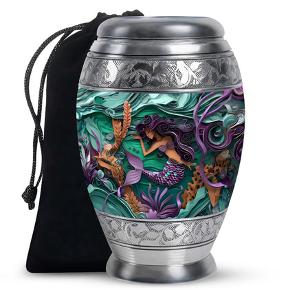 Artistic Mermaid Funeral Urn - Green Aluminium Memorial Urn For Women