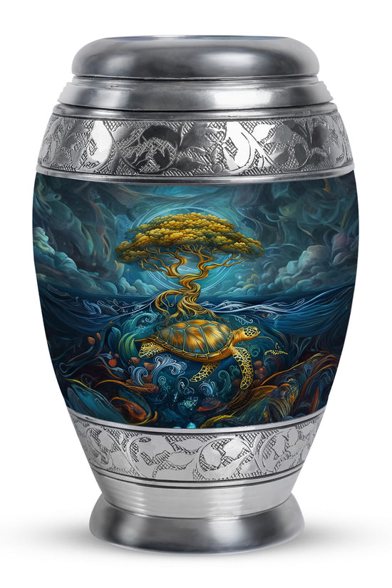 Sea Turtle Tree Cremation Urn - Blue Aluminium Memorial Urn For Loved Ones