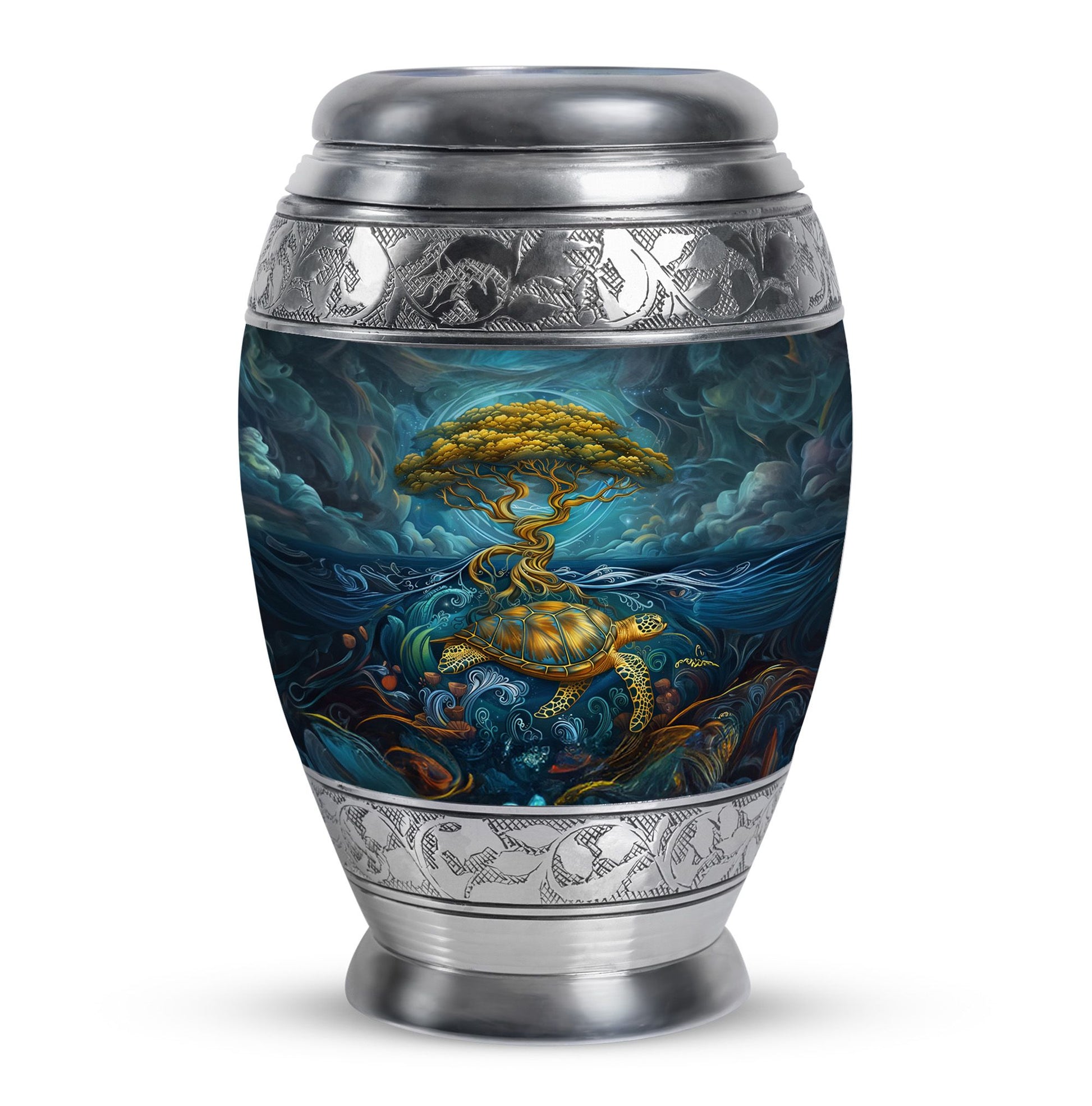 Sea Turtle Tree Cremation Urn - Blue Aluminium Memorial Urn For Loved Ones