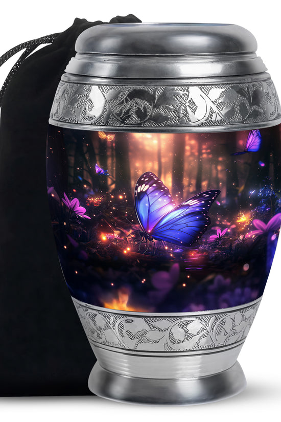 Blue Majestic Butterfly Memorial Urn - Mystical Forest Funeral Urn