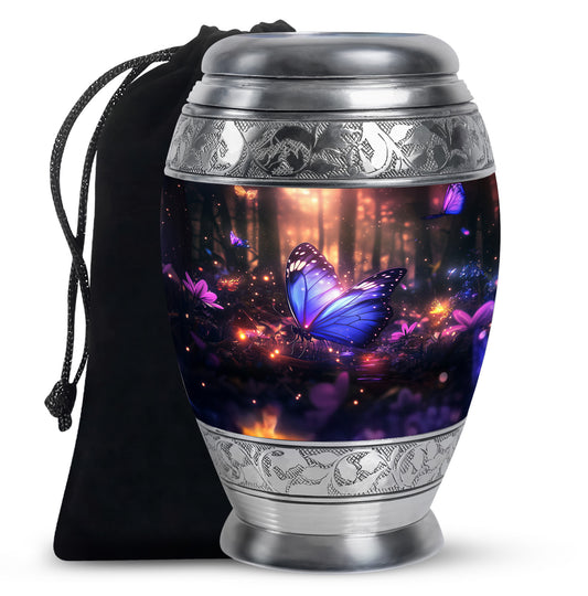 Blue Majestic Butterfly Memorial Urn - Mystical Forest Funeral Urn