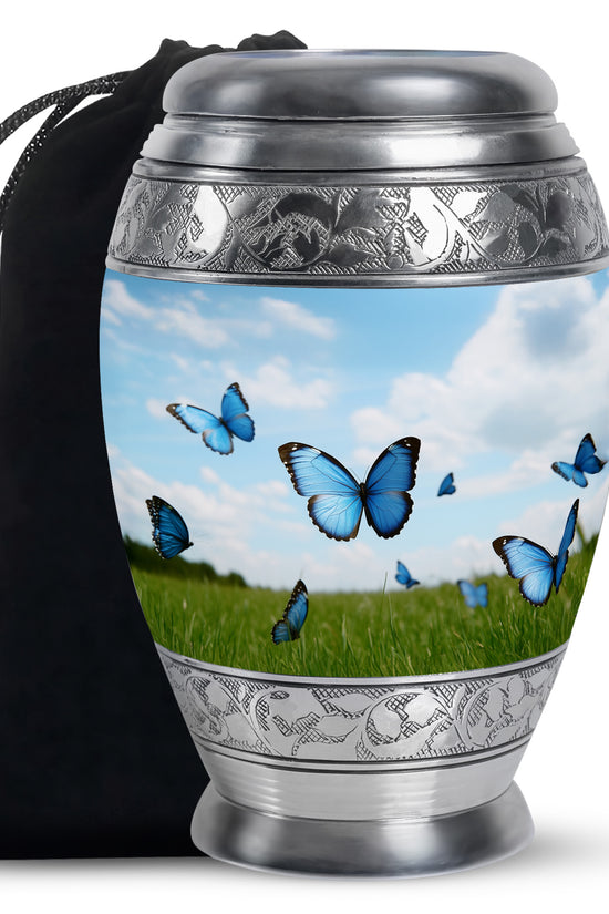 Blue Butterflies Memorial Urn - Large Decorative Urn For Human Ashes