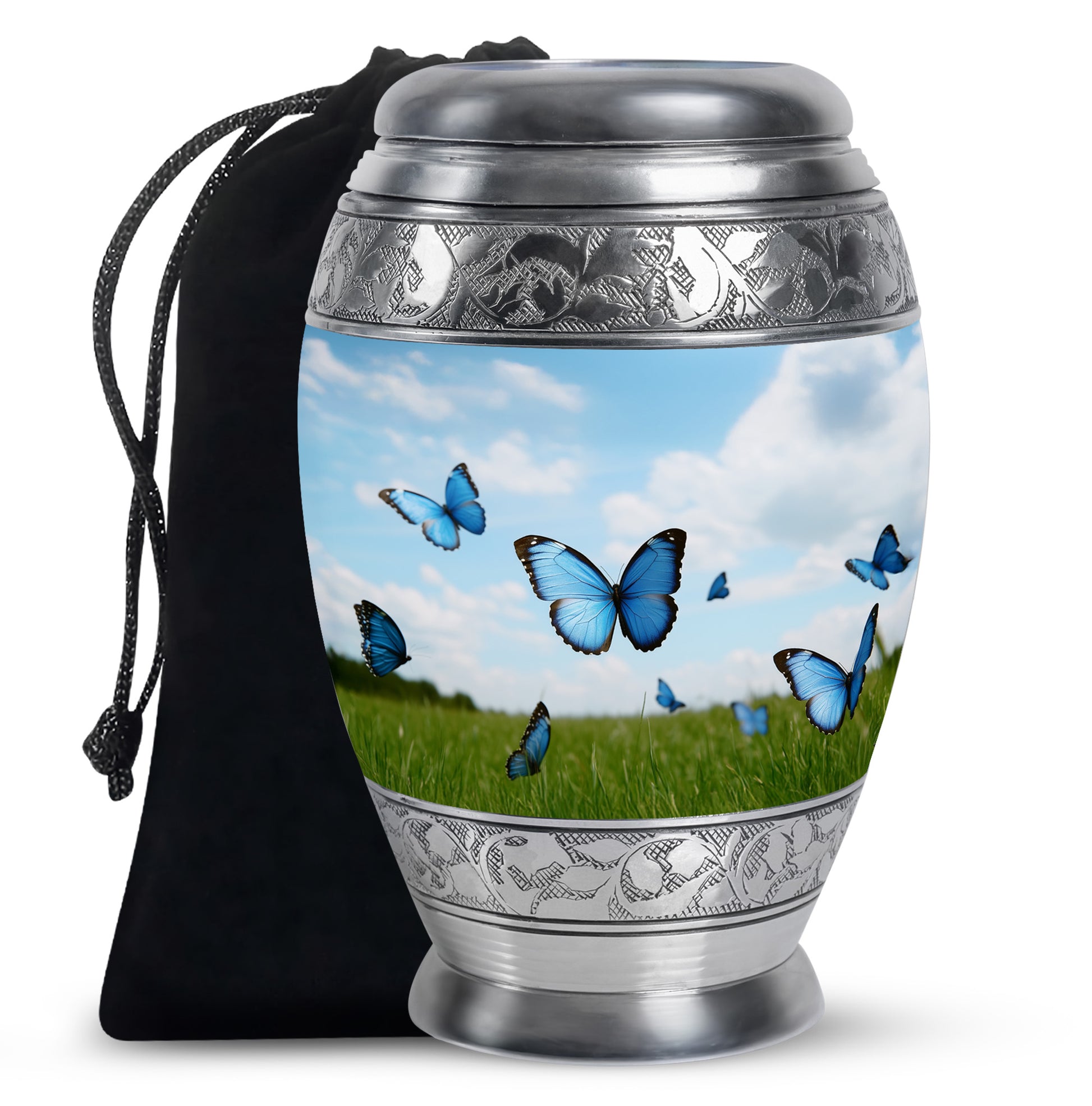Blue Butterflies Memorial Urn - Large Decorative Urn For Human Ashes