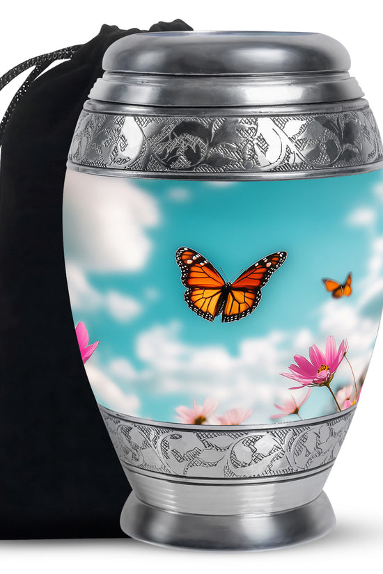 Monarch Butterflt Urn For Mom - Blue Sky Floral Urn For Women