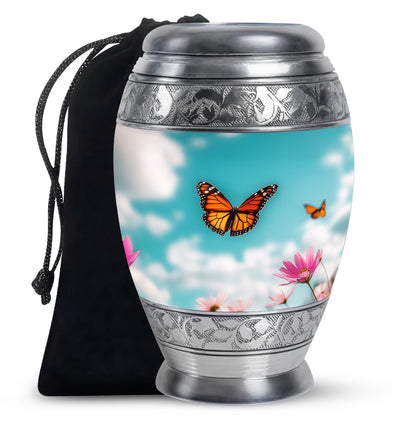 Monarch Butterflt Urn For Mom - Blue Sky Floral Urn For Women