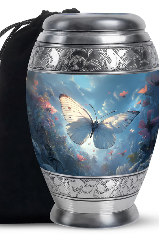 Dreamlike White Butterfly Urn For Human Ashes - Floral Memorial Urn