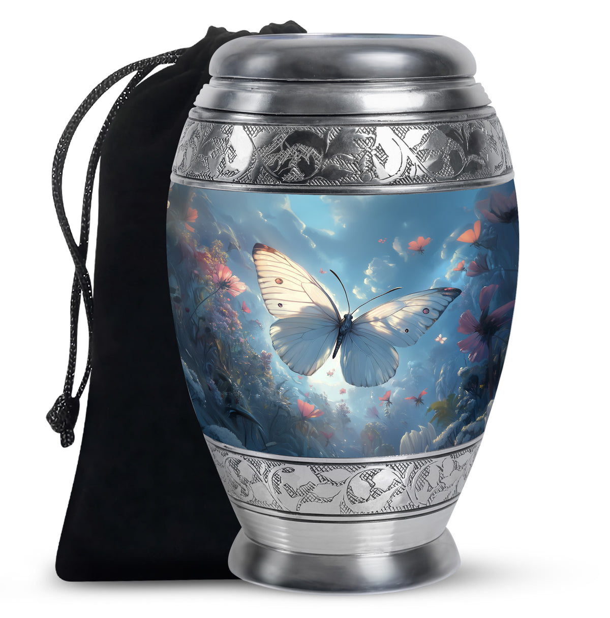 Dreamlike White Butterfly Urn For Human Ashes - Floral Memorial Urn
