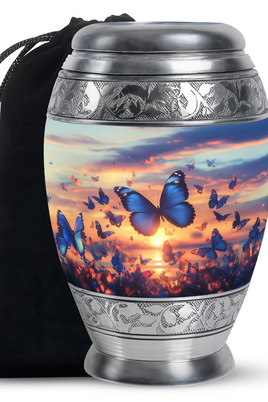 Blue Butterflies Memorial Urn - Sunset Cremation Urn For Women