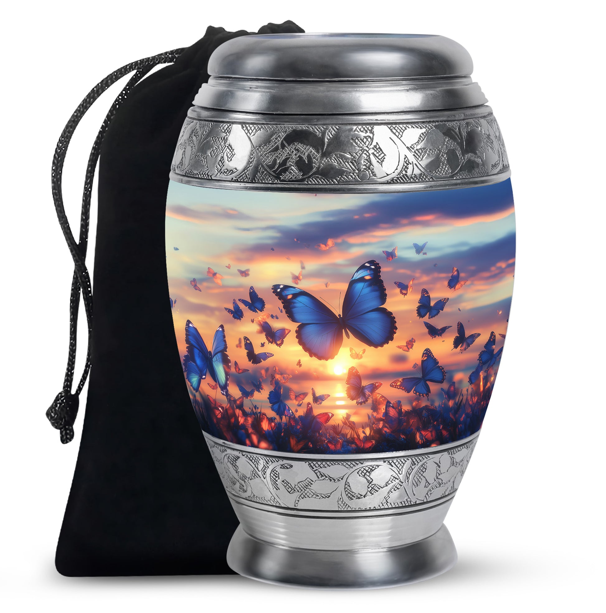 Blue Butterflies Memorial Urn - Sunset Cremation Urn For Women