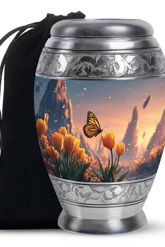 Orange Monarch Butterfly Ashes Urn - Yellow Tulip Cremation Urn