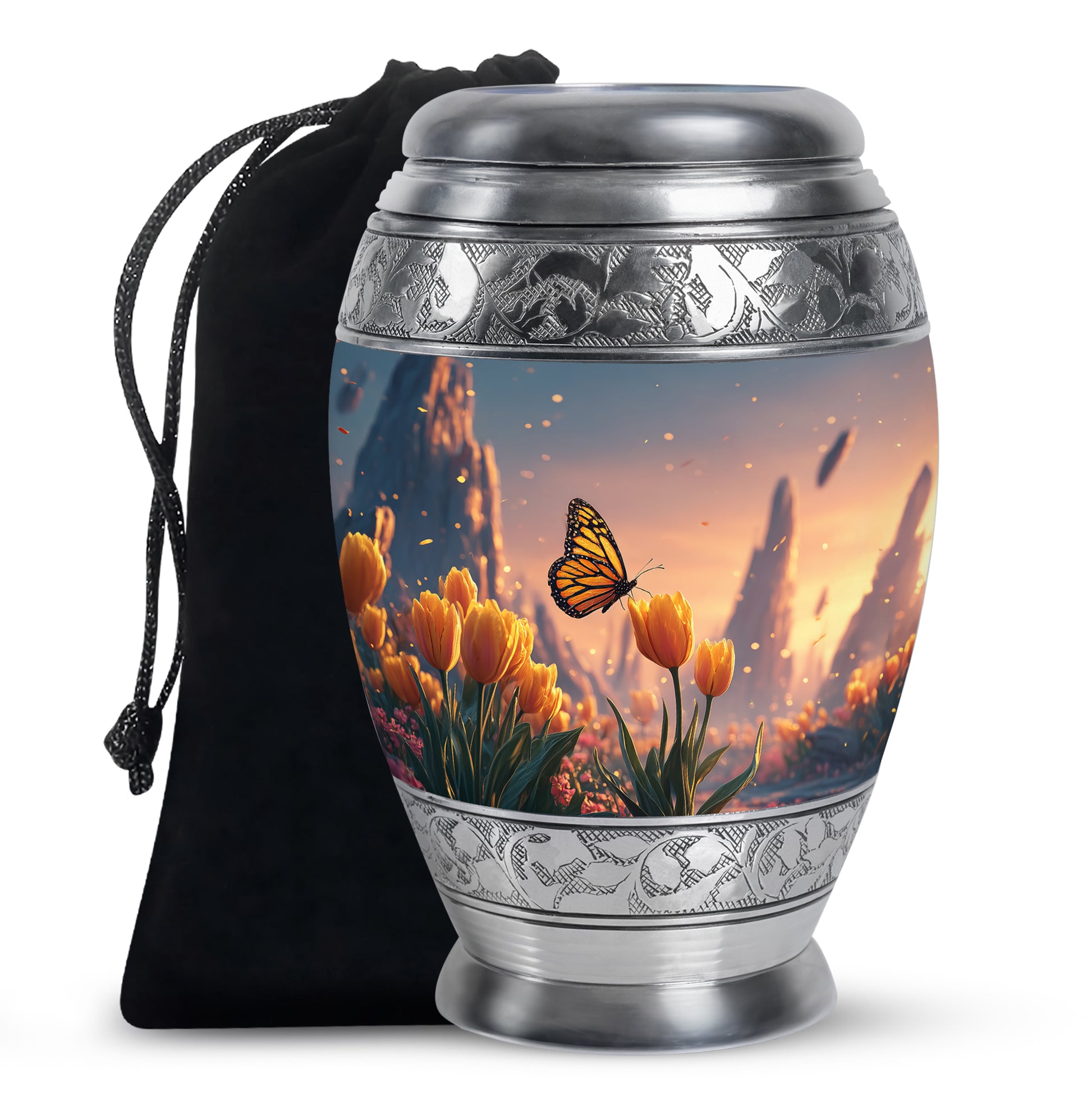 Orange Monarch Butterfly Ashes Urn - Yellow Tulip Cremation Urn