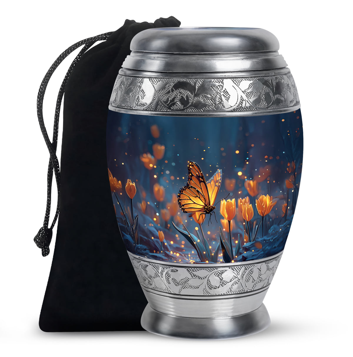 Moonlit Monarch Butterfly Urn - Tulip Floral Urn For Cremation