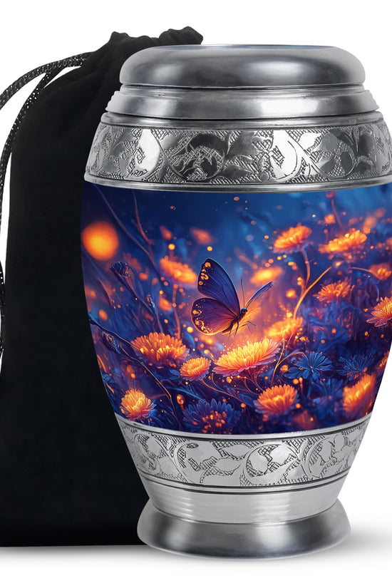 Glowing Butterfly Cremation Urn for Ashes - Blue Floral Memorial Urn