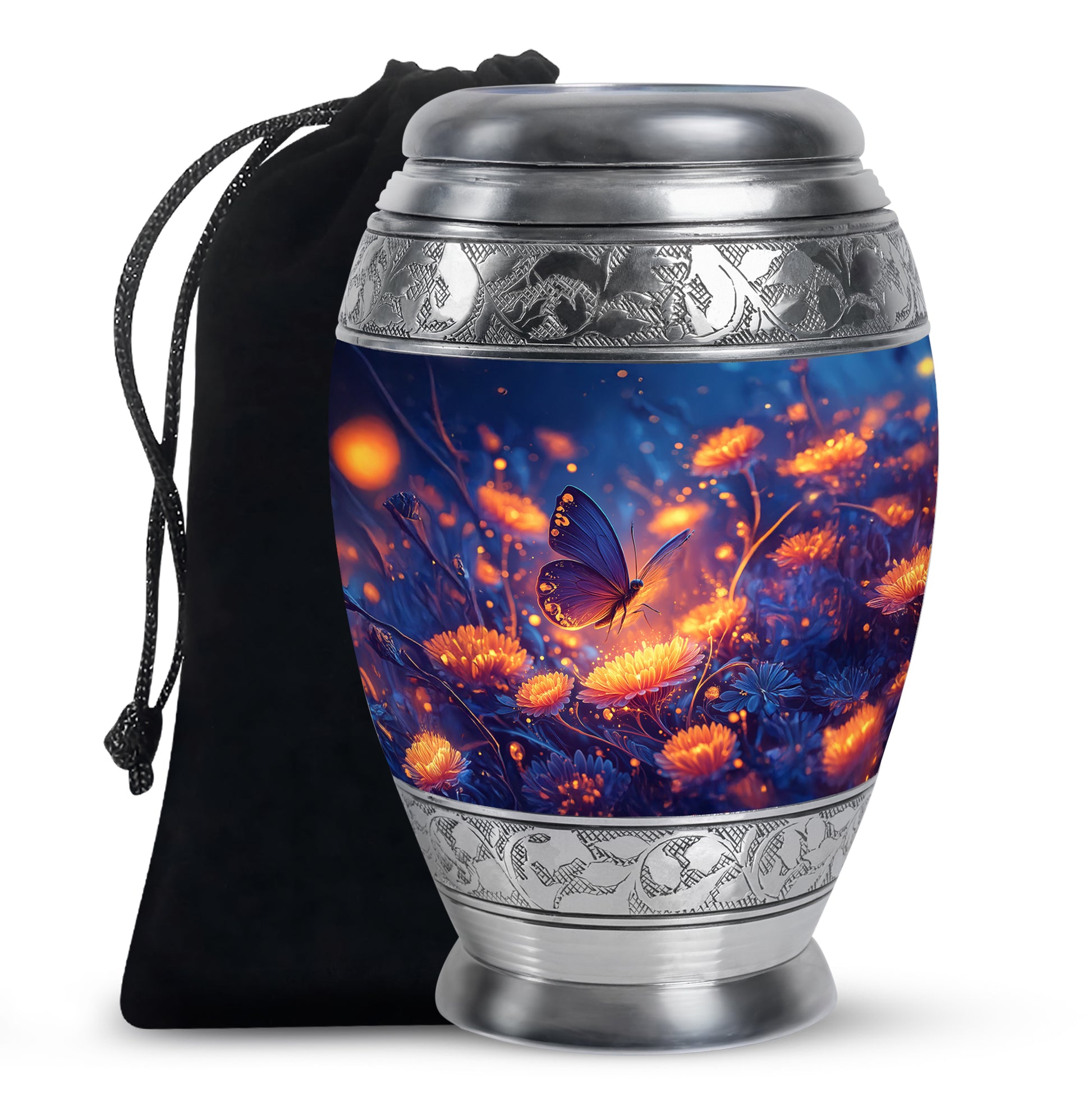 Glowing Butterfly Cremation Urn for Ashes - Blue Floral Memorial Urn