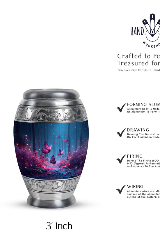 Icy Blue Butterfly Cremation Urn lifestyle display on memorial shelf - regal butterfly design with crown-inspired accents - mini keepsake memorial for portion of cremation ashes
