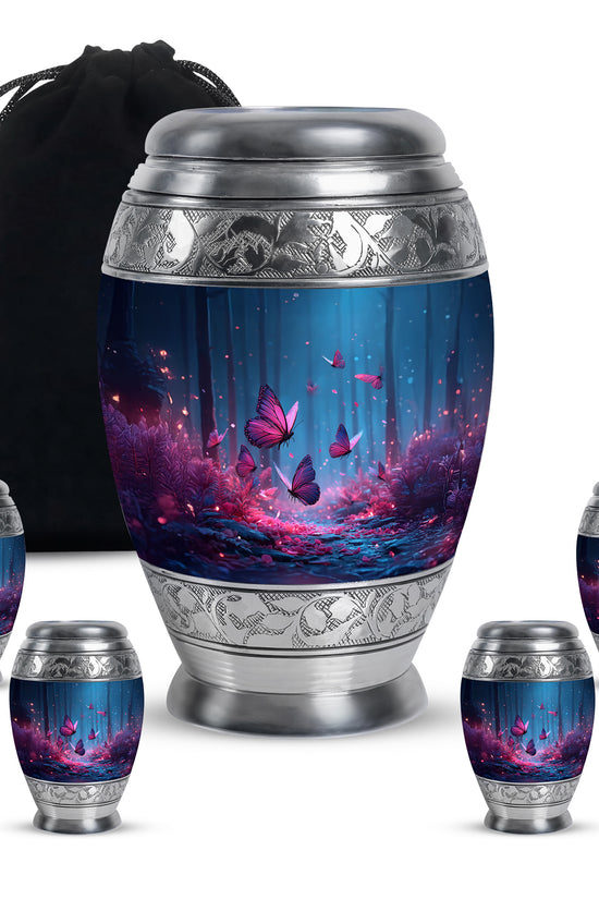 Indigo Butterfly Cremation Urn detail view - ornate monarch-style butterfly relief on brushed aluminum - memorial set with one large and four small urns