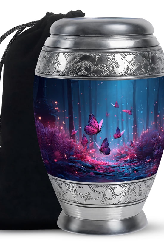 Sky Blue Butterfly Cremation Urn back view with polished surface - regal butterfly design with crown-inspired accents - full-size 10 inch 200 cubic inch adult cremation urn
