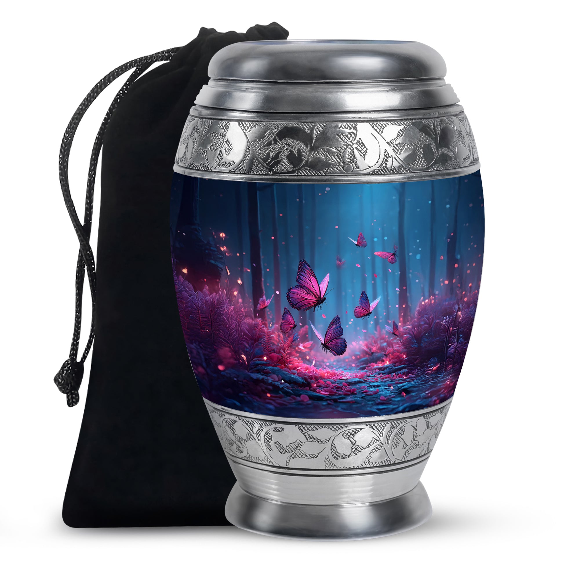 Sky Blue Butterfly Cremation Urn back view with polished surface - regal butterfly design with crown-inspired accents - full-size 10 inch 200 cubic inch adult cremation urn