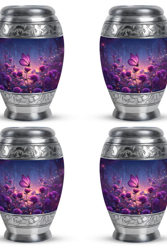 Twilight Blue Butterfly Cremation Urn urn with complimentary velvet bag - majestic butterfly pattern with filigree border - 10 inch aluminum urn for cremated remains