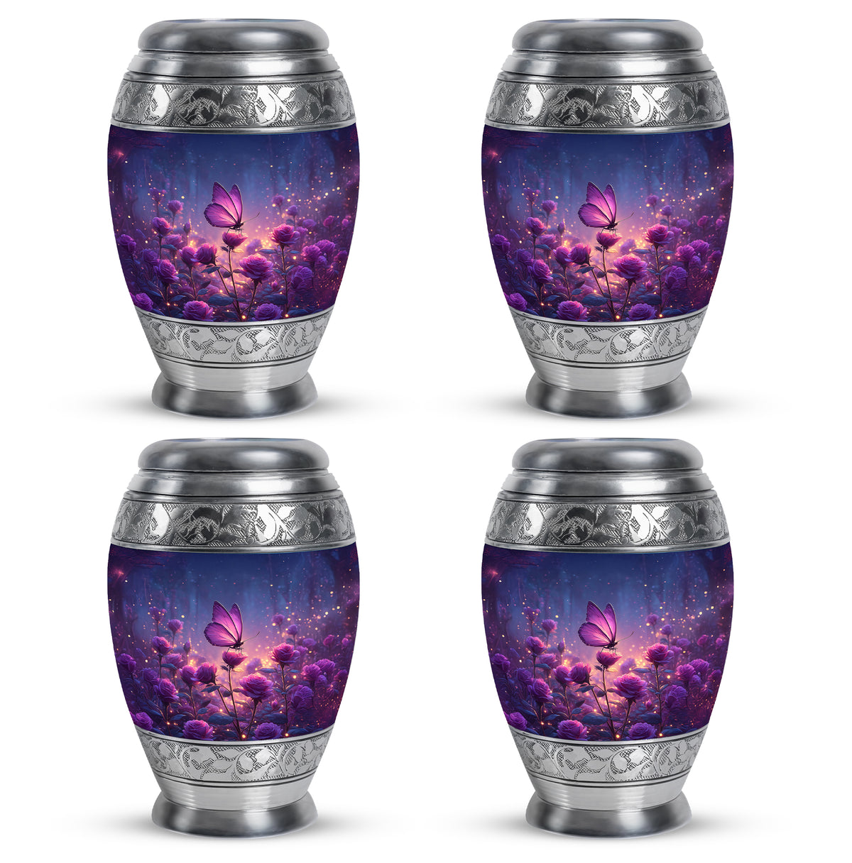 Twilight Blue Butterfly Cremation Urn urn with complimentary velvet bag - majestic butterfly pattern with filigree border - 10 inch aluminum urn for cremated remains