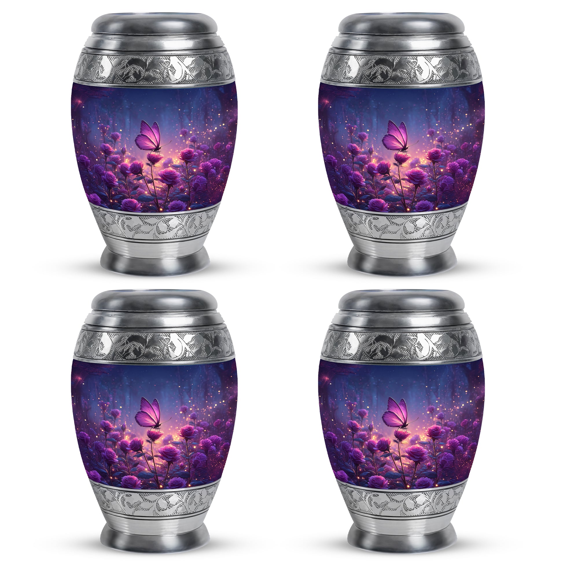 Twilight Blue Butterfly Cremation Urn urn with complimentary velvet bag - majestic butterfly pattern with filigree border - 10 inch aluminum urn for cremated remains