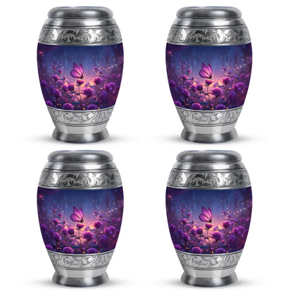 Twilight Blue Butterfly Cremation Urn urn with complimentary velvet bag - majestic butterfly pattern with filigree border - 10 inch aluminum urn for cremated remains