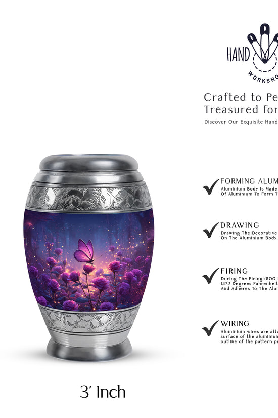 Dusty Blue Butterfly Cremation Urn lifestyle display on memorial shelf - regal butterfly design with crown-inspired accents - mini keepsake memorial for portion of cremation ashes