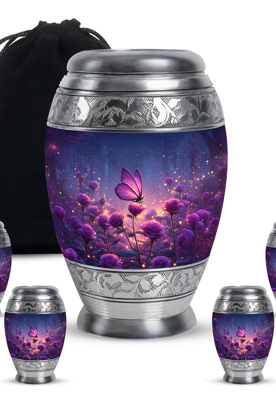 Sky Blue Butterfly Cremation Urn detail view - regal butterfly design with crown-inspired accents - memorial set with one large and four small urns