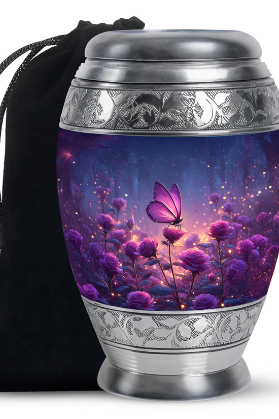 Slate Blue Butterfly Cremation Urn back view with polished surface - ornate monarch-style butterfly relief on brushed aluminum - full-size 10 inch 200 cubic inch adult cremation urn