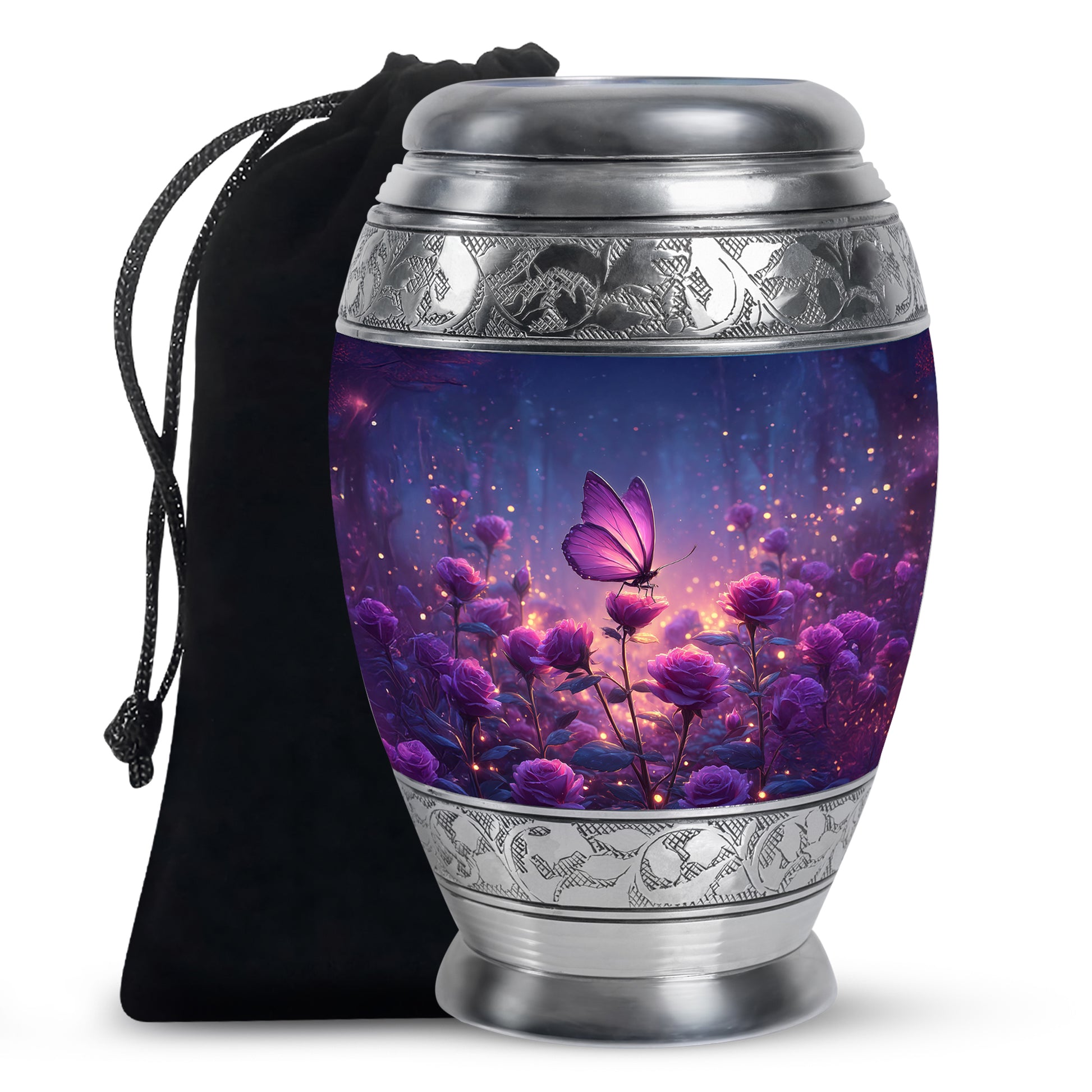 Slate Blue Butterfly Cremation Urn back view with polished surface - ornate monarch-style butterfly relief on brushed aluminum - full-size 10 inch 200 cubic inch adult cremation urn