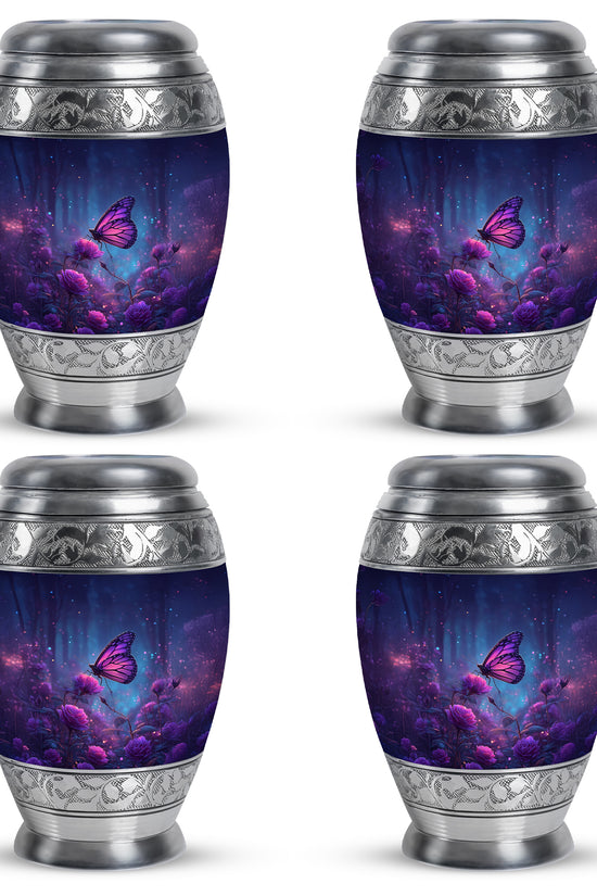 Icy Blue Butterfly Cremation Urn urn with complimentary velvet bag - ornate monarch-style butterfly relief on brushed aluminum - 10 inch aluminum urn for cremated remains