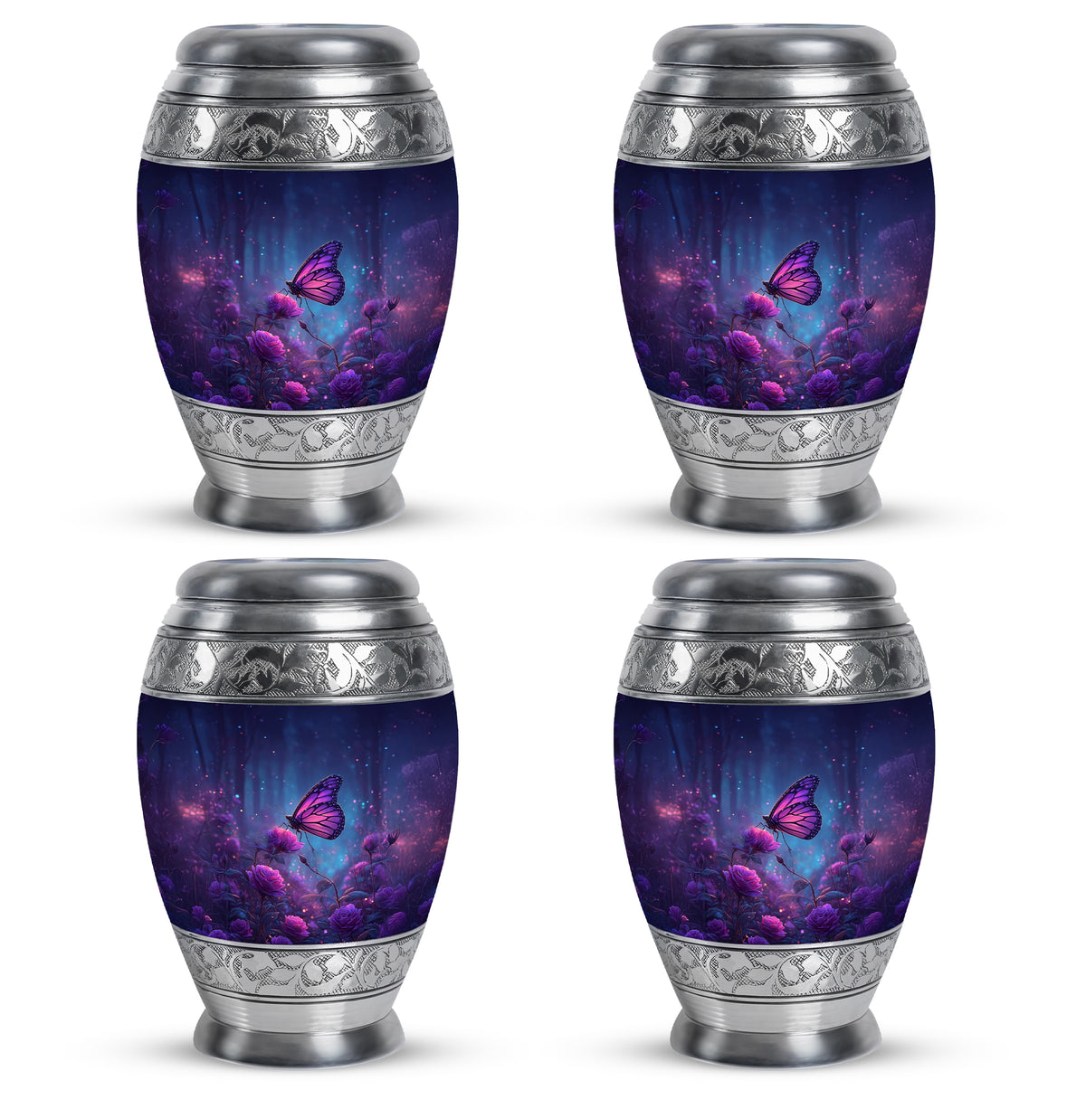 Icy Blue Butterfly Cremation Urn urn with complimentary velvet bag - ornate monarch-style butterfly relief on brushed aluminum - 10 inch aluminum urn for cremated remains